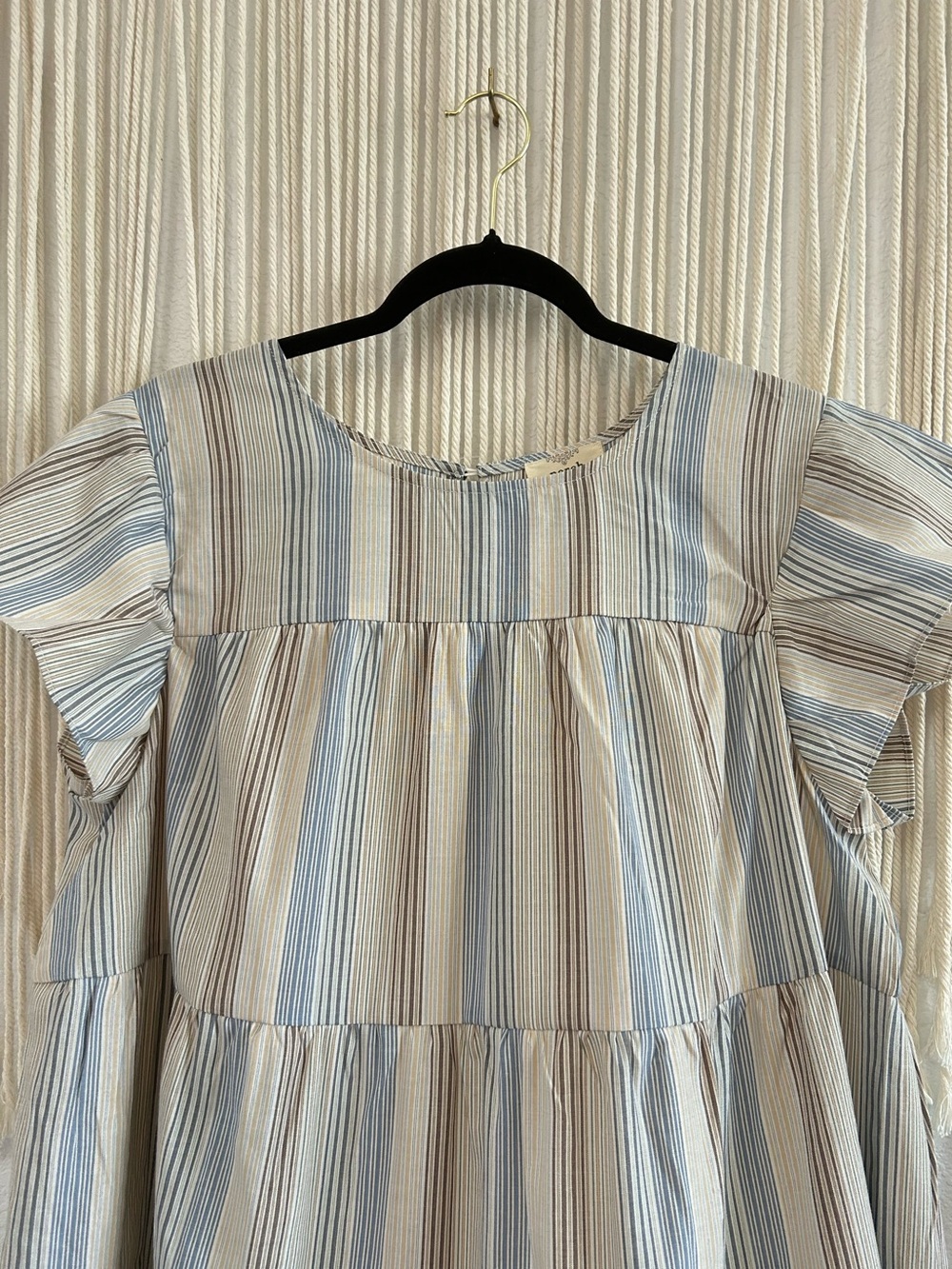 PERCH Striped Tiered Flutter Sleeve Mini Dress Blue & Taupe Flowy Babydoll Dress - Picture 5 of 16